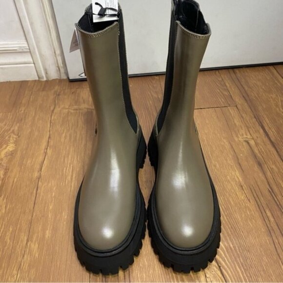 Zara Khaki Green Leather Track Sole‎ Aankle Boots Women Size US 6.5 (EU 37) - Picture 6 of 13